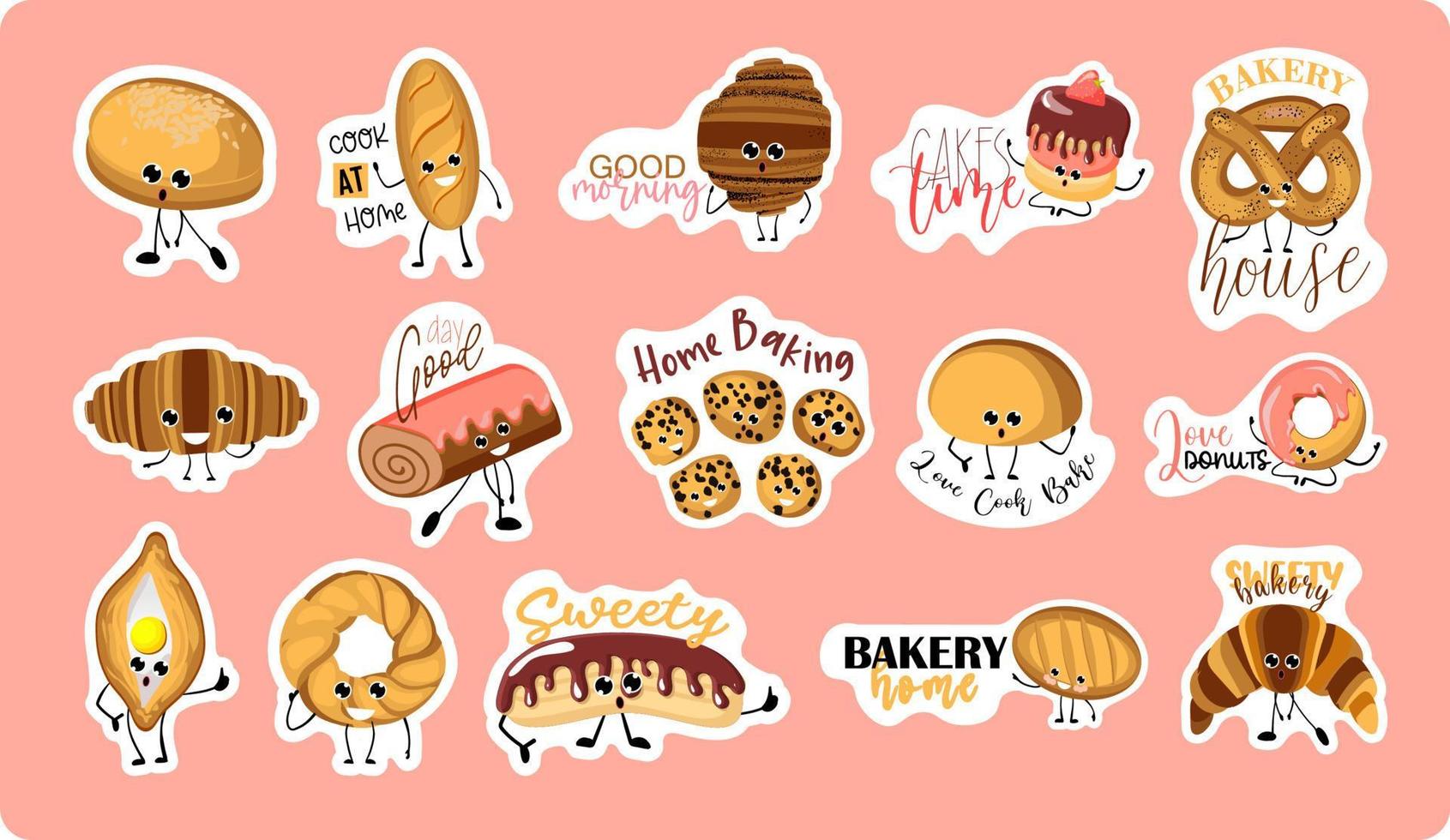 coleção do adesivos com fofa engraçado frases sobre a padaria. padaria. fofa desenho animado personagem dentro diferente poses. pão, pão, biscoitos e de outros caseiro pastelaria vetor