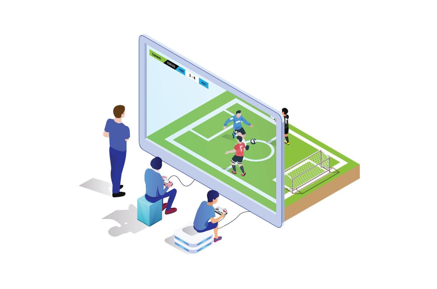 isométrico jogando futebol jogos console com amigos quando entediado, adequado para diagramas, infográficos, livro ilustração, jogos ativo, e de outros gráfico relacionado ativos vetor