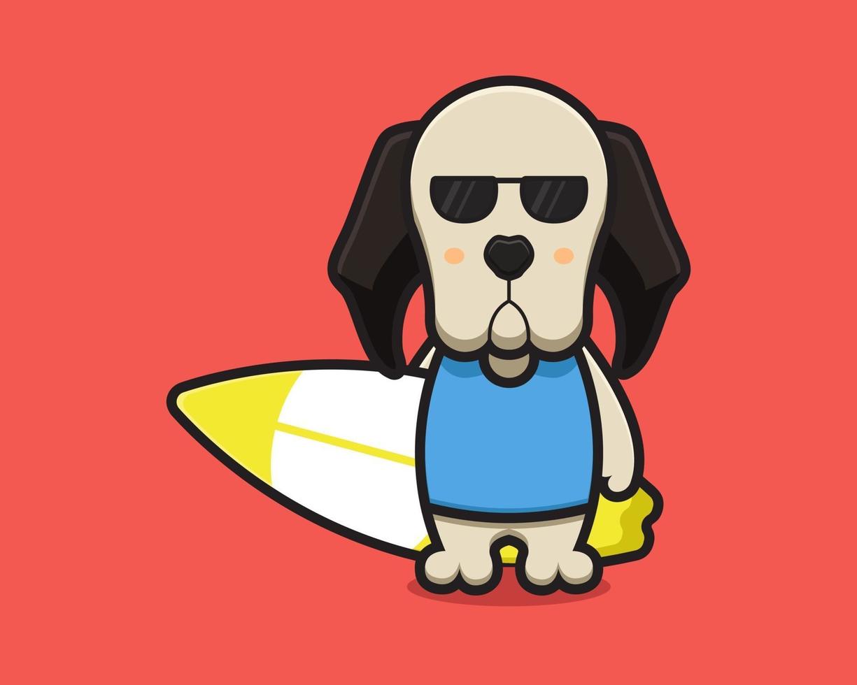 O mascote do cachorro fofo usa óculos e está segurando a prancha de natação. vetor