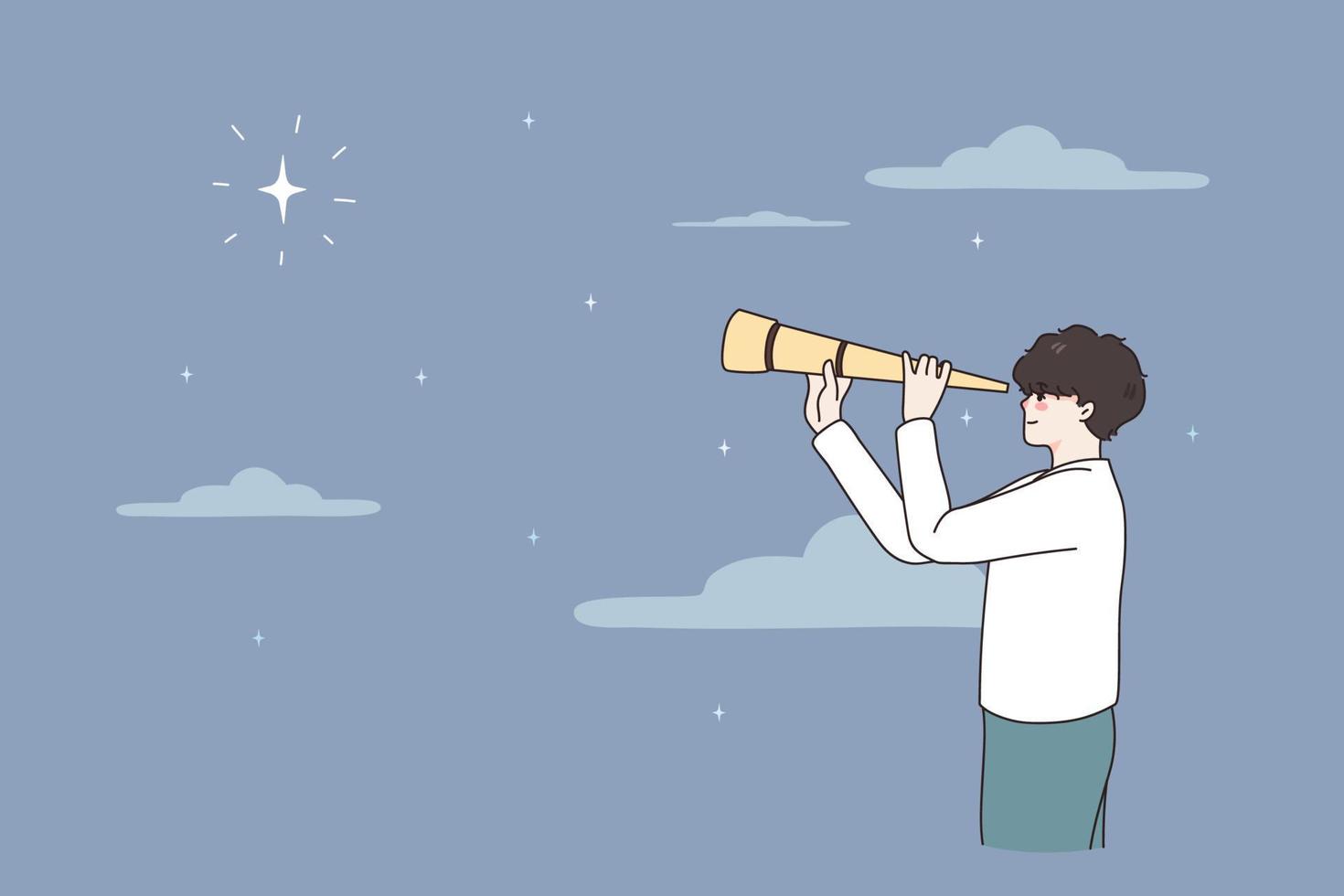 astronomia e pesquisando espaço conceito. sorridente Garoto em pé segurando luneta olhando às estrelas dentro céu cometas planetas vetor ilustração