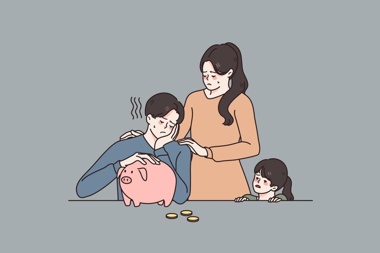 pequeno família despesas e poupança conceito. triste jovem mãe em pé abraçando dela filho olhando às esvaziar cofrinho e filha vetor ilustração