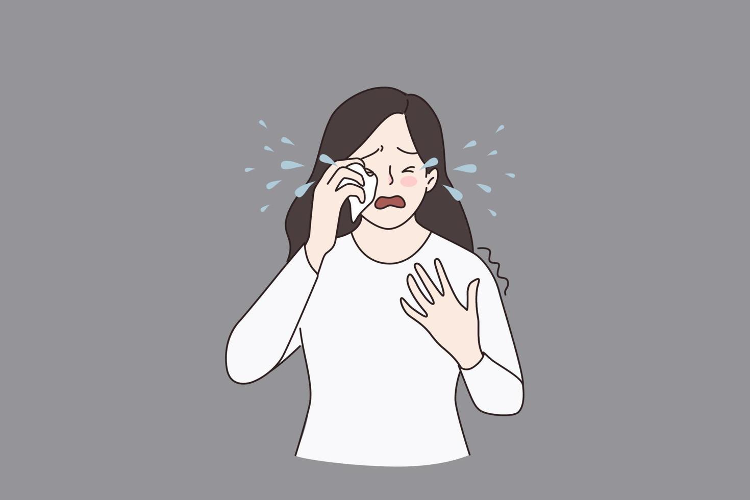 triste infeliz menina chorando rebentar para dentro lágrimas sentir solitário depressivo. estressado jovem mulher Sofra a partir de humor balanço, ter ansiedade ou depressão. romper, mental transtorno, drama conceito. vetor ilustração.