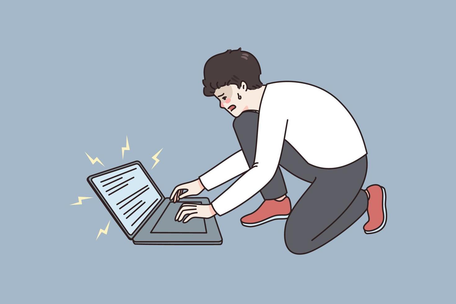 técnico problema e tecnologias conceito. jovem triste estressado homem sentado e tentando para reviver dele quebrado computador portátil vetor ilustração