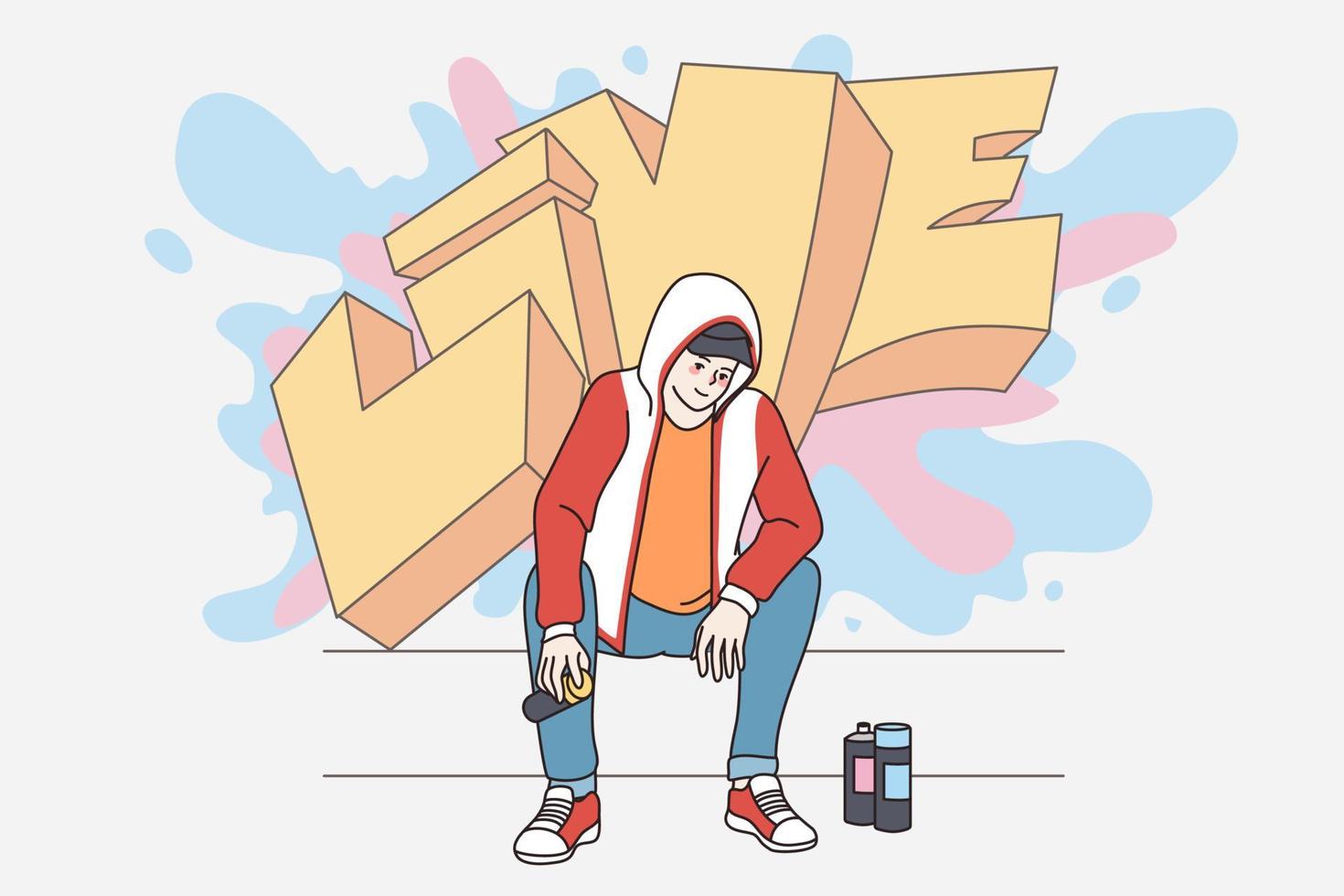 sorridente jovem homem desenhando pintura grafite com spray pintura em rua. milenar geração z cara hipster faço ao ar livre arte. passatempo, artístico, subcultura conceito. plano vetor ilustração.