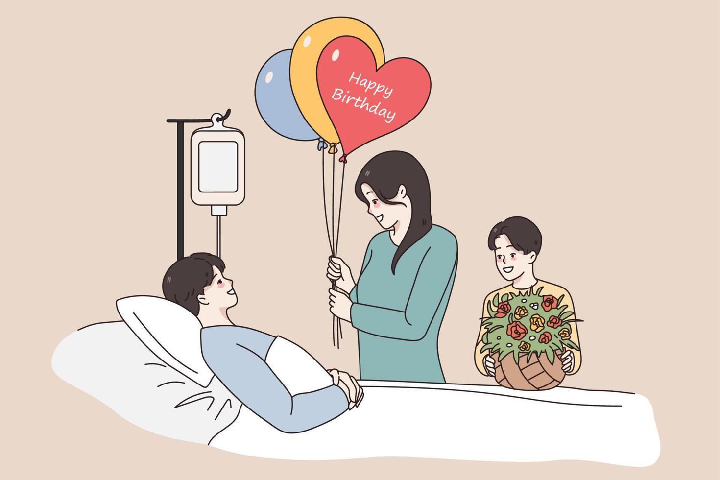 a comemorar aniversário dentro hospital conceito. jovem pai homem deitado dentro cama dentro hospital ser eu vou cumprimento dele esposa e filho com aniversário balões e flores sentindo-me positivo vetor ilustração