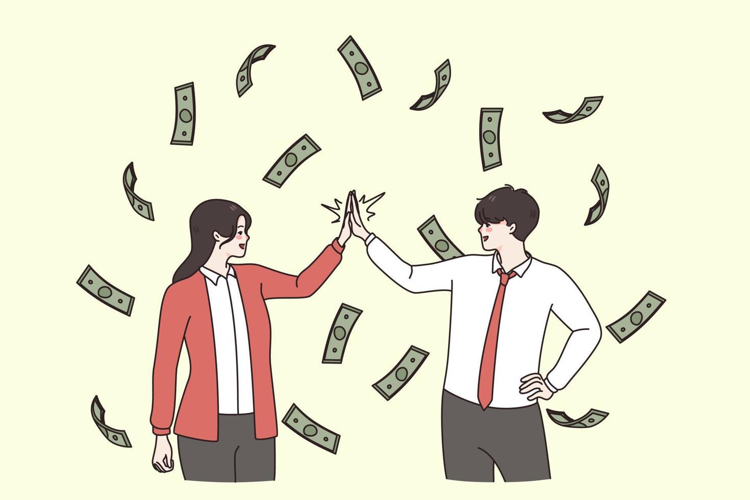 financeiro sucesso e Liderança conceito. o negócio equipe colegas homem e mulher em pé tremendo mãos com vôo dinheiro às fundo vetor ilustração