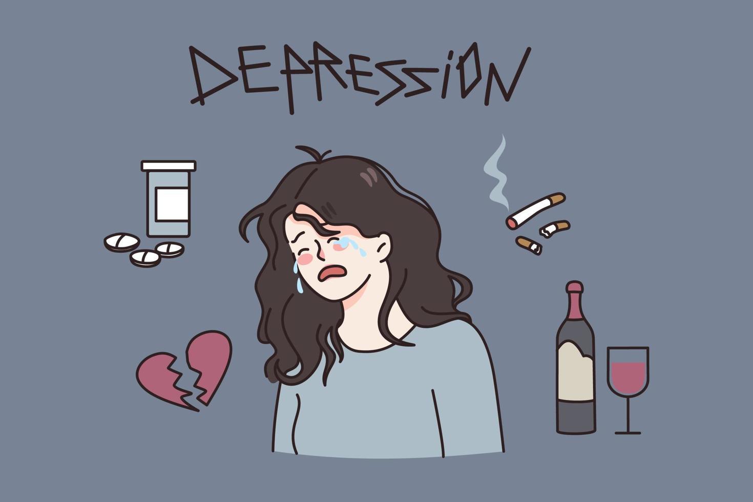 depressão e saúde vícios conceito. jovem depressivo mulher com quebrado coração chorando sobre álcool drogas e cigarro vetor ilustração