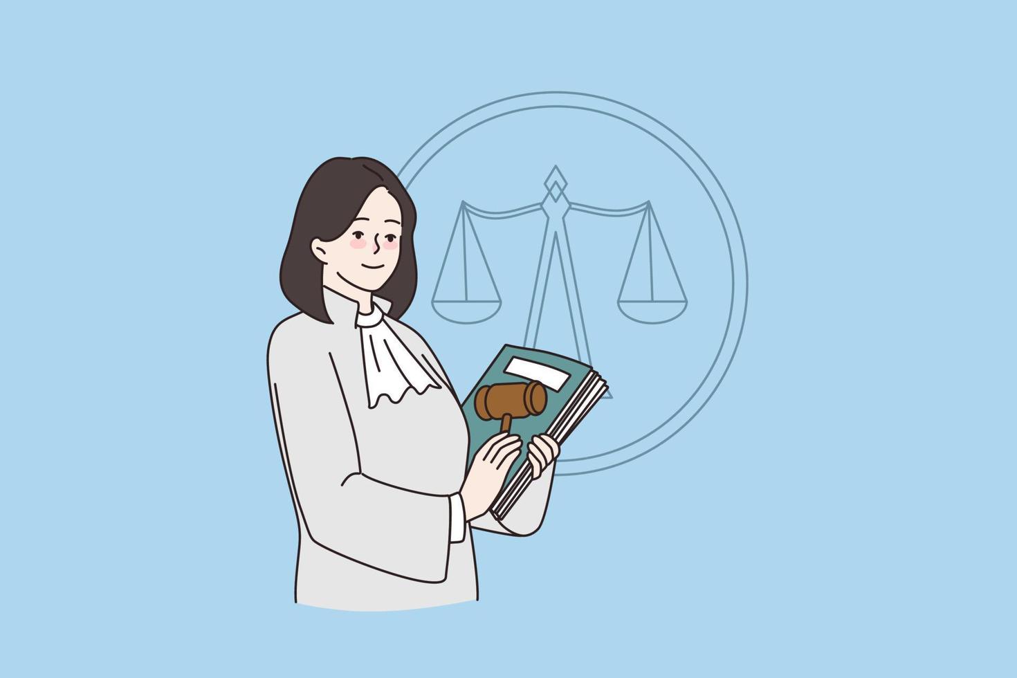 mulher juiz com martelo e constituição dentro quadra às sessão. fêmea advogado ou judicial trabalhador fazer legal veredito. lei e justiça conceito. jurisdição. plano vetor ilustração, desenho animado personagem.