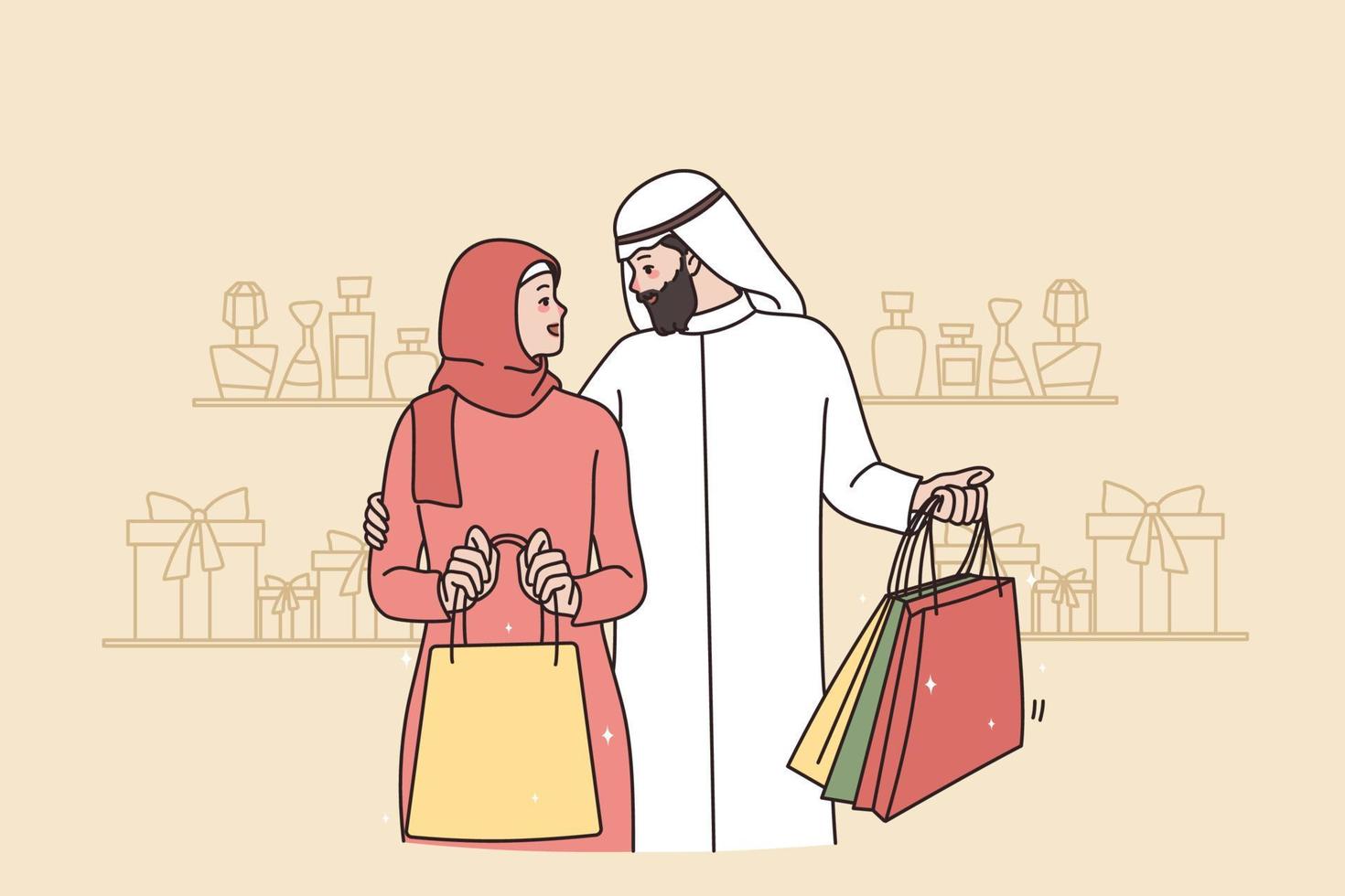 rico saudita arábia homem e mulher compras dentro Shopping ou fazer compras junto. amoroso árabe marido e esposa com bolsas dentro perfume loja. ásia cultura, diversidade conceito. plano vetor ilustração.