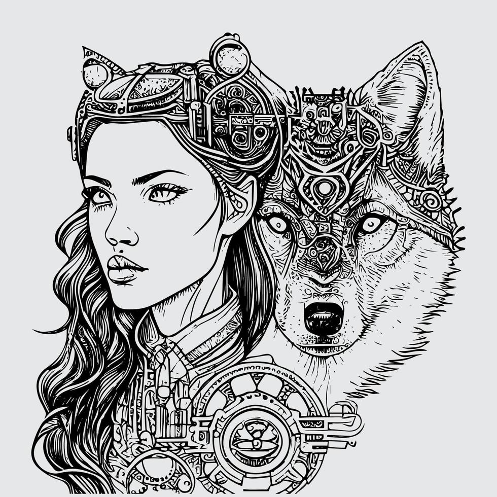 menina com a Lobo é uma impressionante visão. dela piercing olhos e Forte presença complemento a selvagem natureza do a Lobo de dela lado. uma poderoso duo vetor