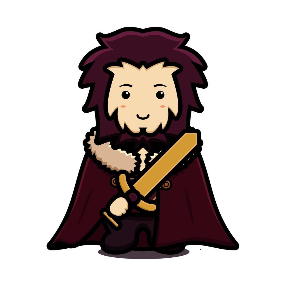 Personagem mascote do rei fofo usando capa e segurando uma espada dourada vetor