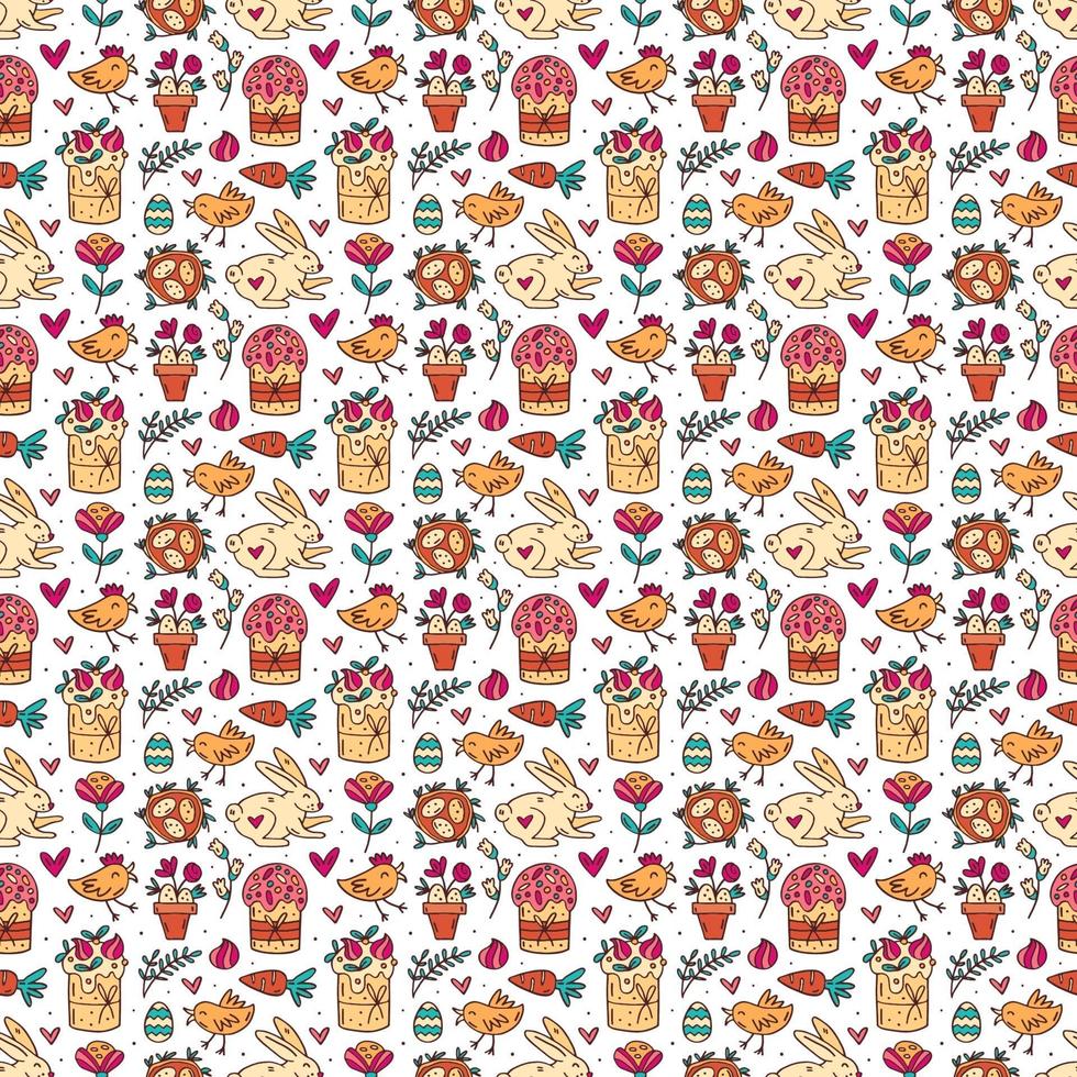 Padrão sem emenda do feriado da Páscoa, textura, plano de fundo. coelhos, bolos, muffins, ervas, ovos, ninhos, flores e corações. design de embalagens para crianças, papel. vetor