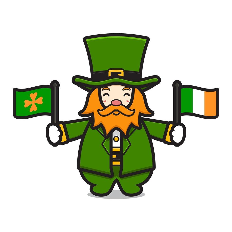 Leprechaun bonito personagem do dia de São Patrício segurando a ilustração do ícone do desenho da bandeira irlandesa vetor