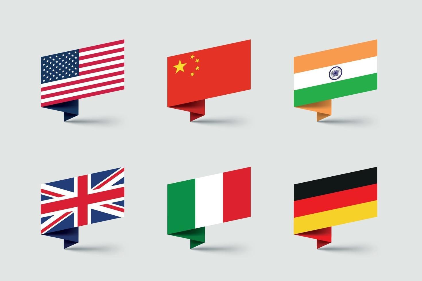 conjunto de vetores de formas de fitas de papel dobradas em 3d bandeiras nacionais