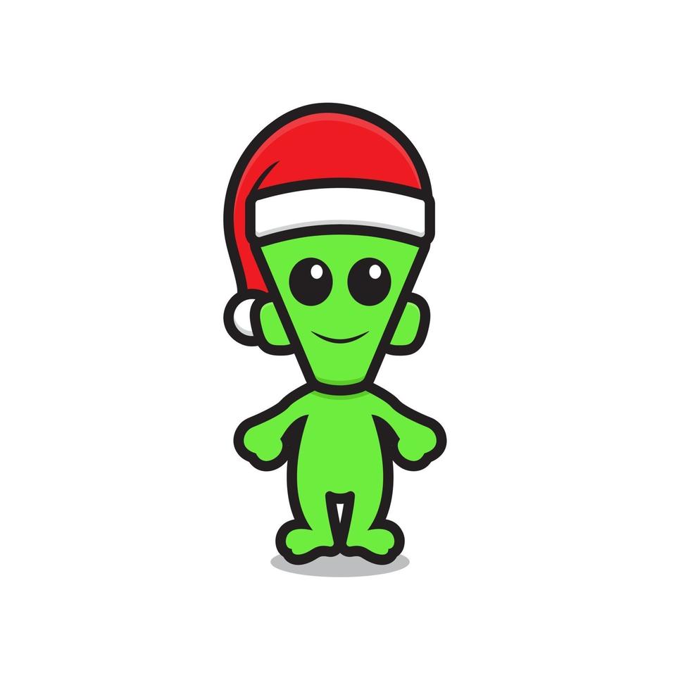 Mascote alienígena verde fofo com chapéu de Papai Noel vetor