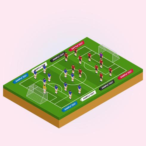 Campo de visão isométrica com ilustração de jogadores de futebol vetor