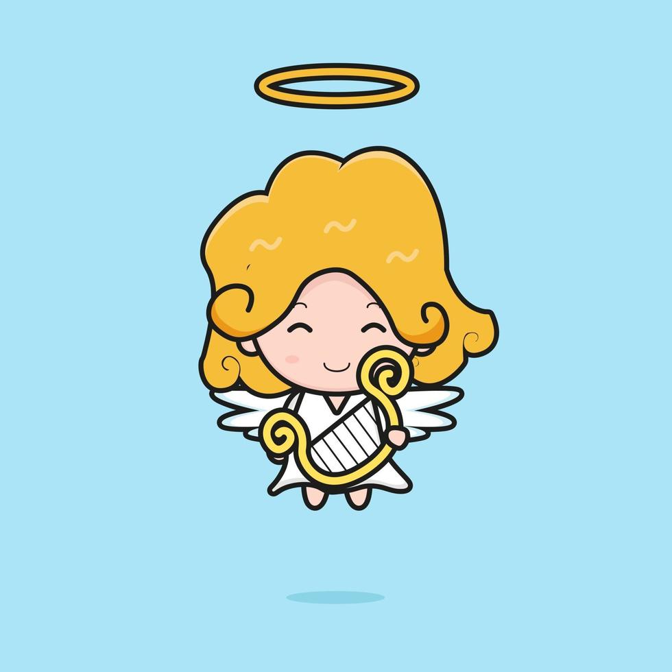 Ilustração do personagem mascote anjo fofo com harpa vetor