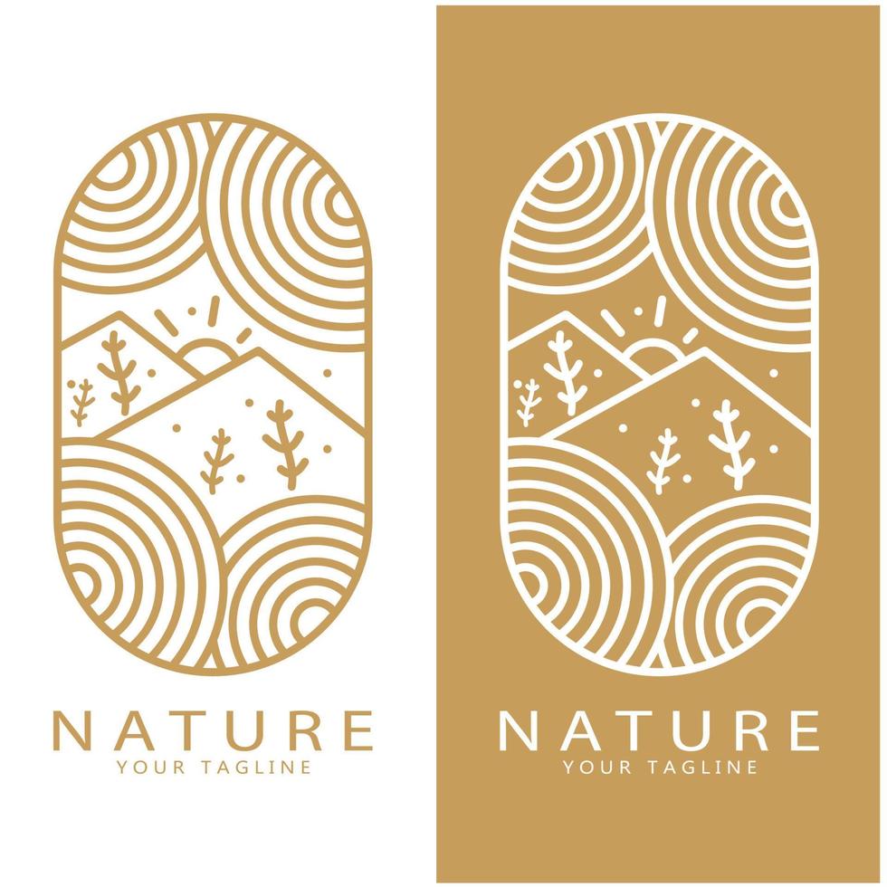 natureza vetor logotipo. com árvores, rios, mares, montanhas, o negócio emblemas, viagem Distintivos, ,ecológico saúde