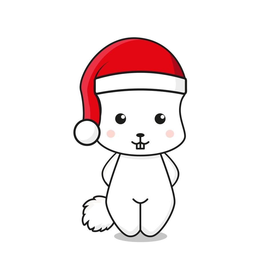 mascote coelho branco fofo com chapéu de Papai Noel vetor