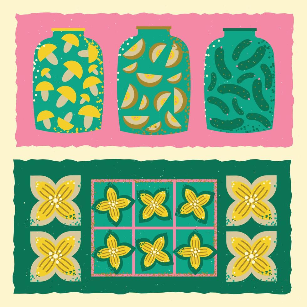 vetor ilustração em a tema do Comida dentro frascos e flores quadrado modelo com pepinos, cogumelos, maçãs fechadas dentro jarros, plantas, enfeite