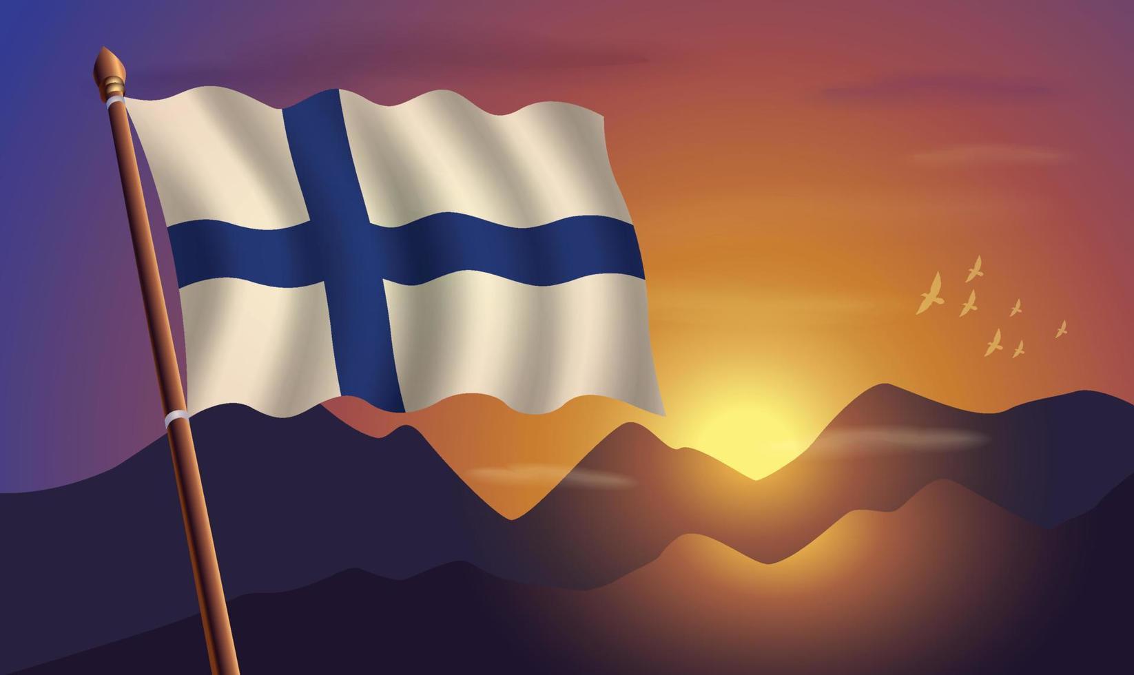 Finlândia bandeira com montanhas e pôr do sol dentro a fundo vetor