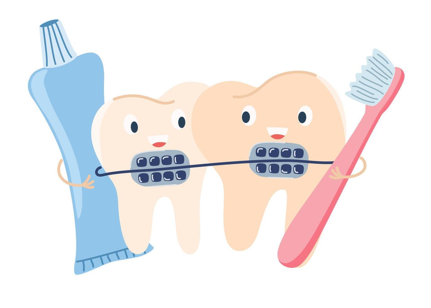 fofa desenho animado dentes com aparelho ortodôntico. instalando aparelho ortodôntico. dental Cuidado dentro aparelho ortodôntico. correção do byte. odontologia. ortodontia. instalando aparelho ortodôntico. escova de dente e pasta de dentes. em linha reta dentes. vetor