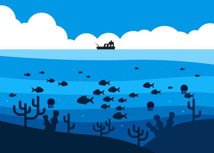 Peixe no mar profundo sob a ilustração do barco de pesca vetor