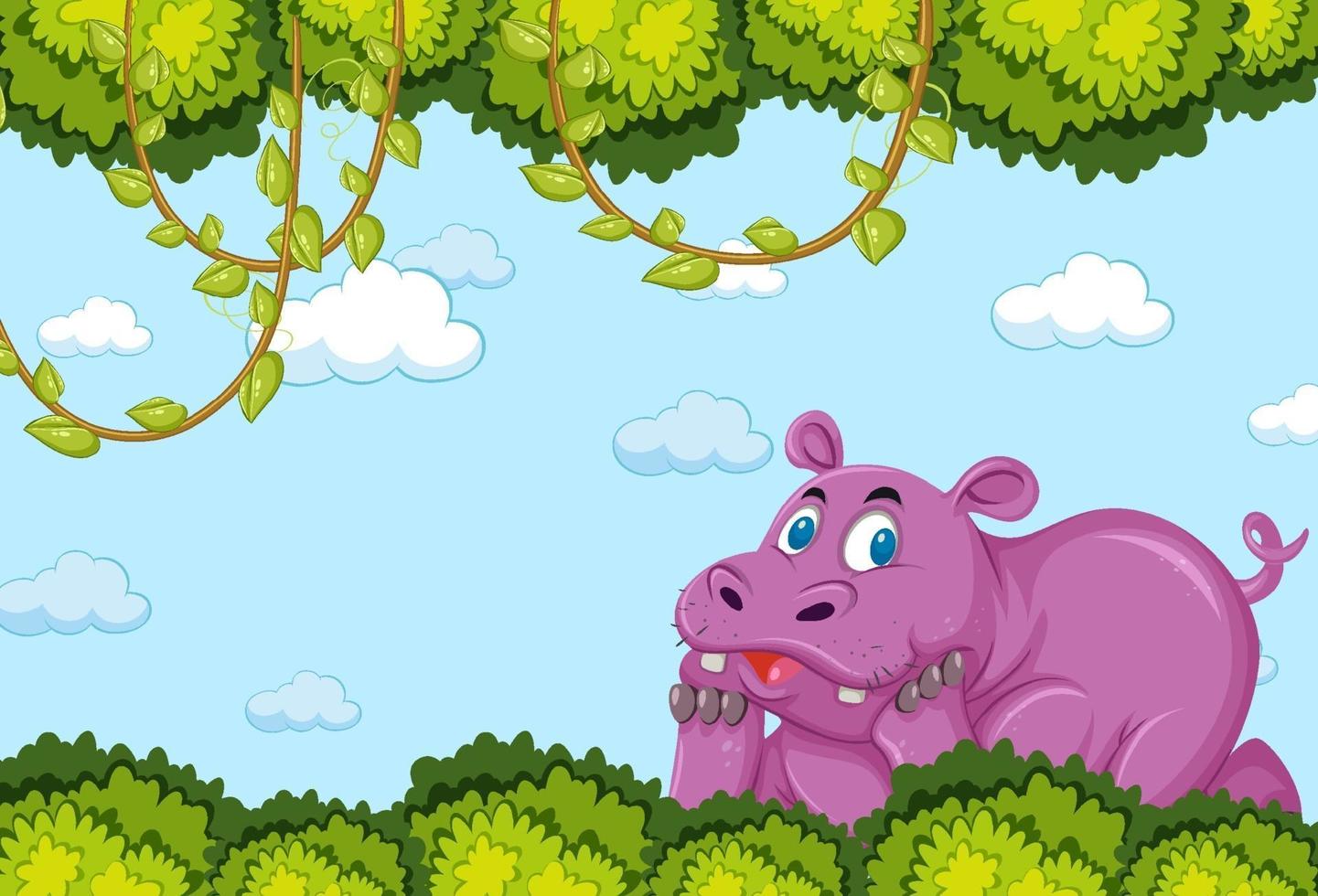 personagem de desenho animado de hipopótamo em cena de floresta em branco vetor
