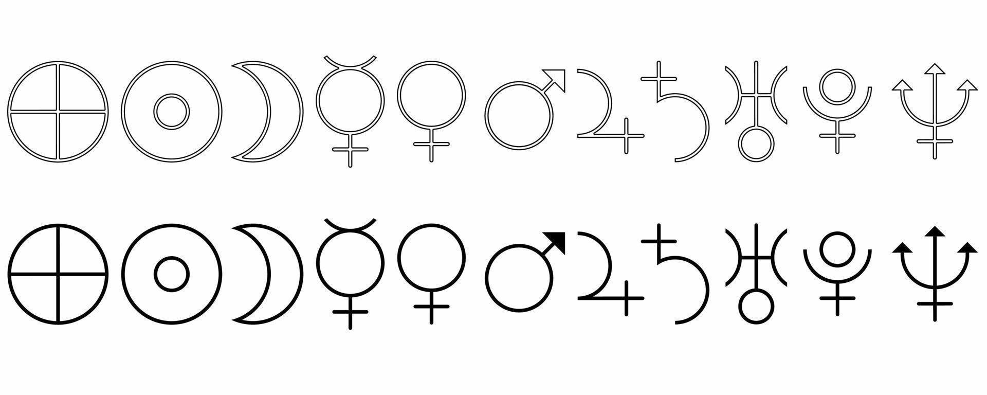 astrológico placa conjunto isolado em branco background.sun, lua, terra, mercúrio, Vênus, Marte, Júpiter, Saturno, Urano, Netuno, Plutão símbolo vetor