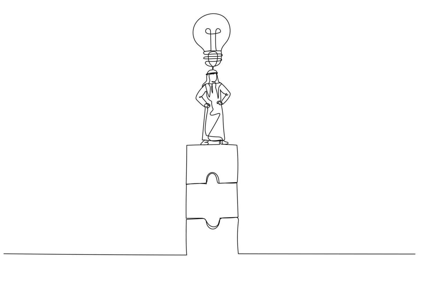 desenho animado do árabe homem de negocios sentar em enigma torre. conceito do trabalho em equipe e cooperação. contínuo linha arte vetor
