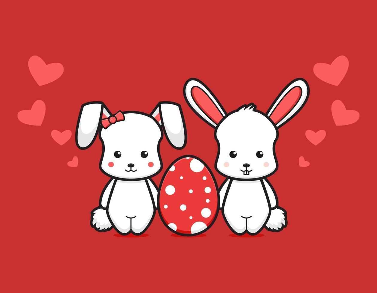 Lindo casal coelho com ovo adorável desenho animado ilustração vetorial vetor
