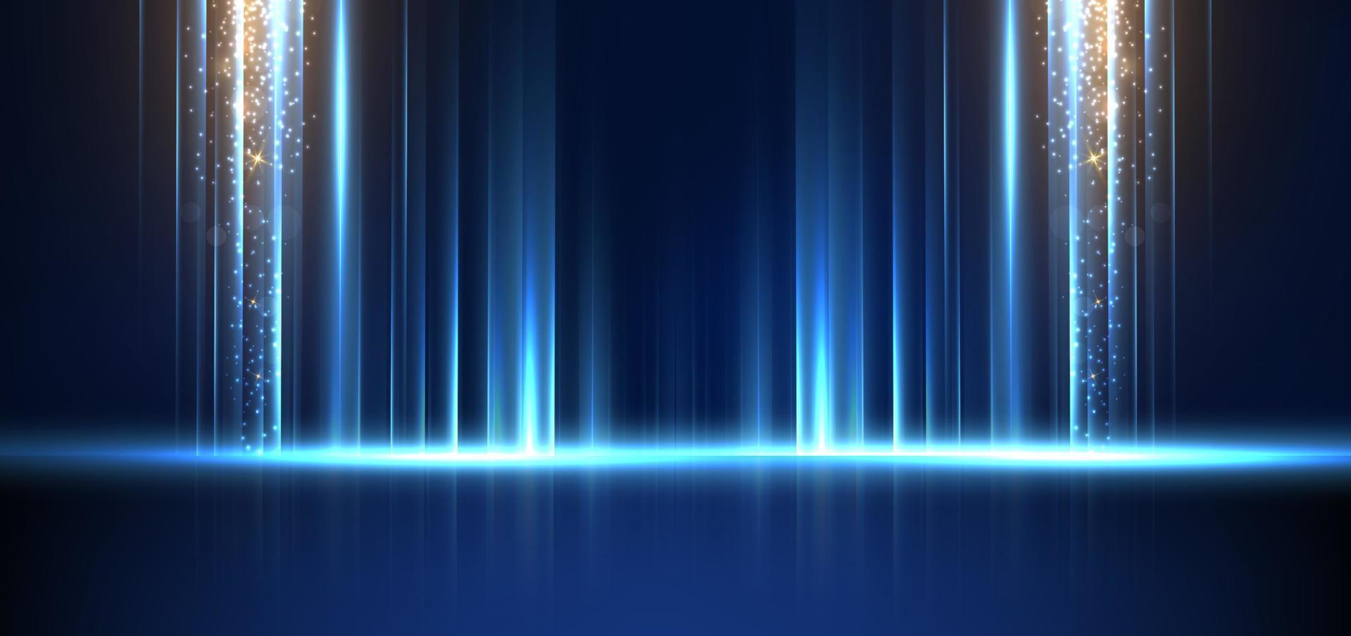 tecnologia abstrata futurista luz azul listra linhas verticais luz sobre fundo azul com brilho de efeito de iluminação de ouro. vetor