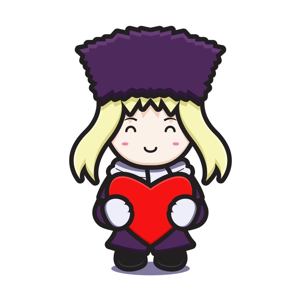 linda garota com fantasia de inverno personagem mascote segurando um coração vermelho ícone de desenho animado vetor