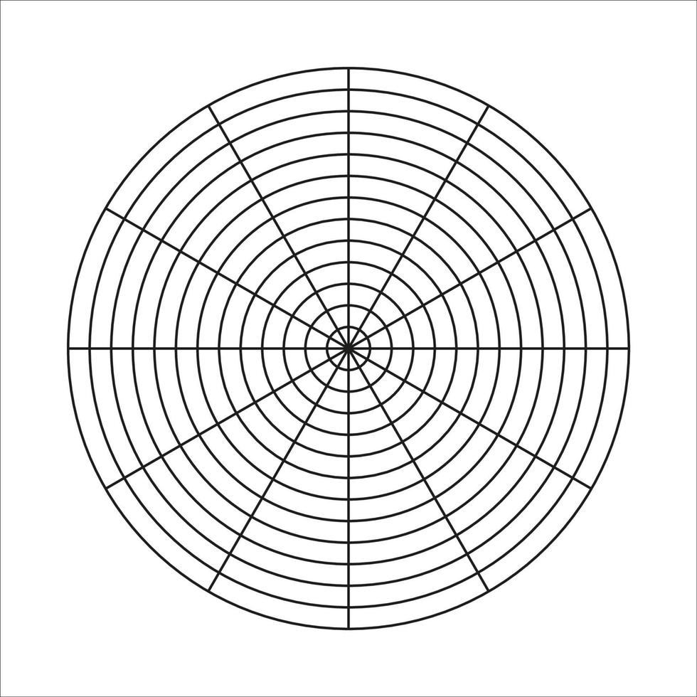 polar rede do 12 segmentos e 12 concêntrico círculos. roda do vida modelo. círculo diagrama do estilo de vida equilíbrio. treinamento ferramenta. vetor em branco polar gráfico papel.