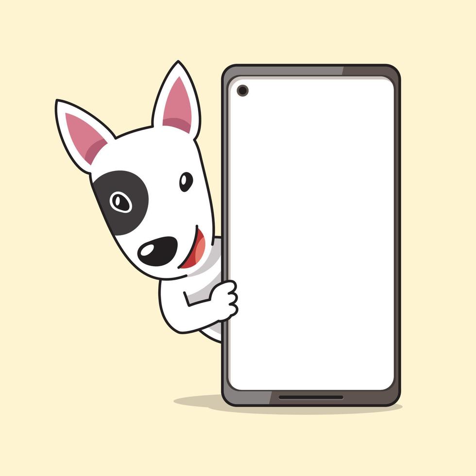 desenho animado personagem touro terrier cachorro e Smartphone vetor