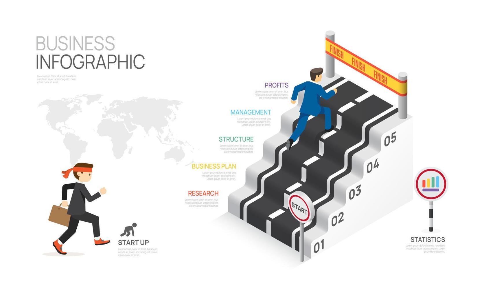 infográfico rota escada modelo para negócios. o negócio corre para sucesso, elemento diagrama estrada para começar acima, apresentação vetor infográfico.