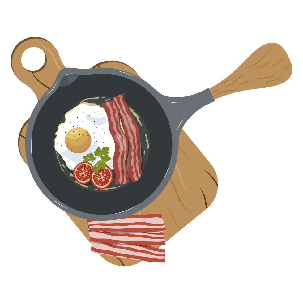 frito ovos com bacon dentro uma fritar panela vetor em uma branco fundo