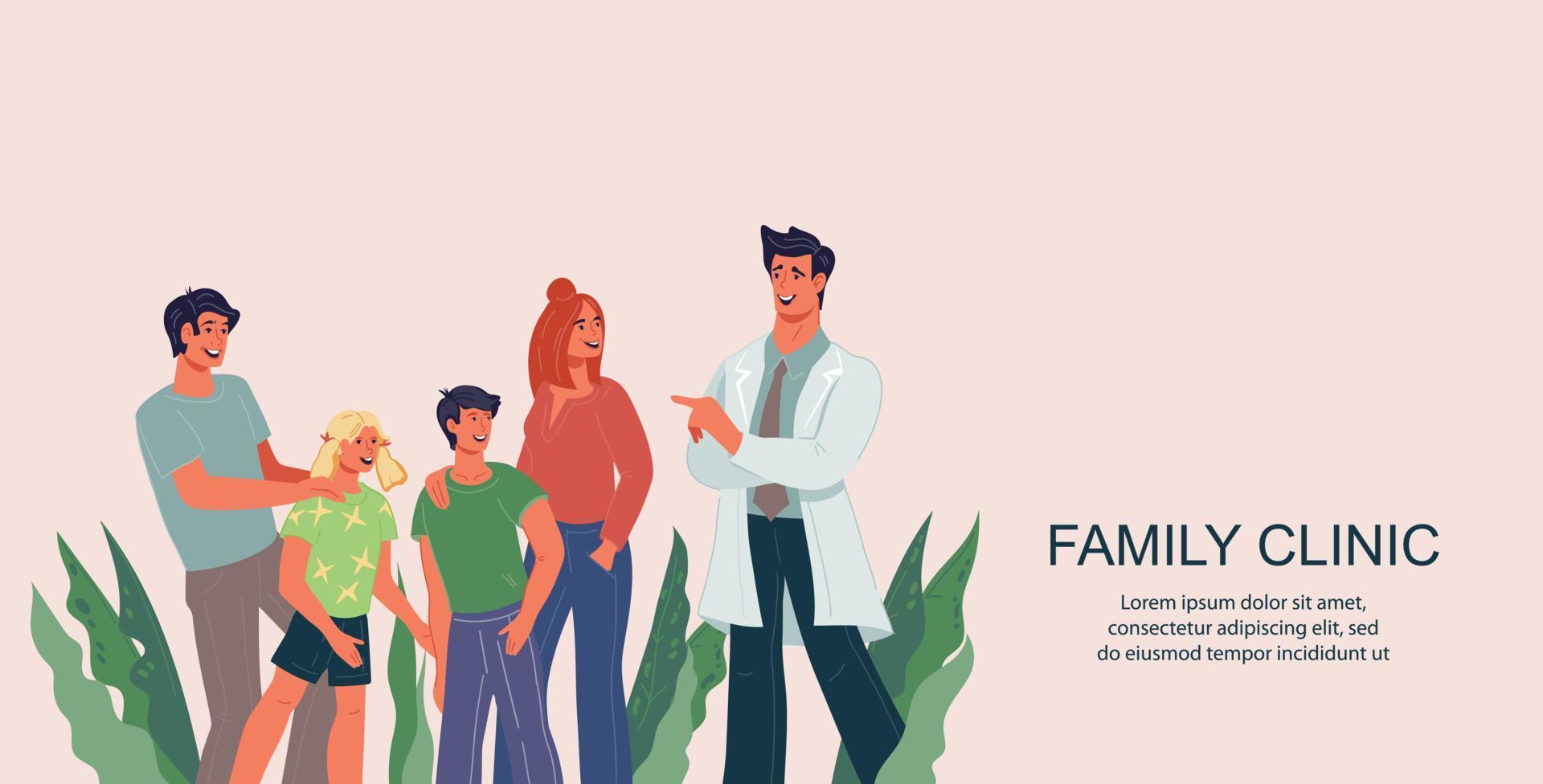 família clínica rede bandeira ou folheto modelo com médico avisando família membros. aterrissagem página para médico clínica e família médico escritório, plano vetor ilustração.