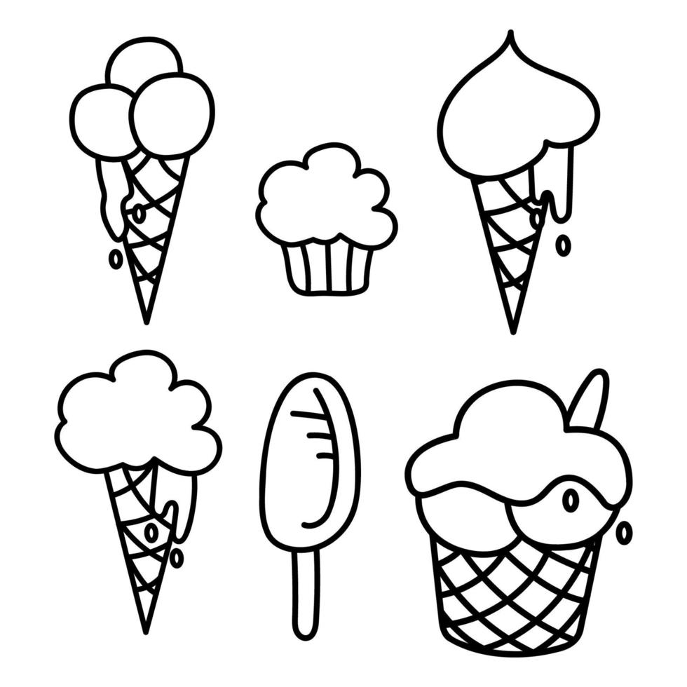 fofa conjunto do 5 tipos do gelo creme e Bolinho. rabisco vetor Preto e branco ilustração.