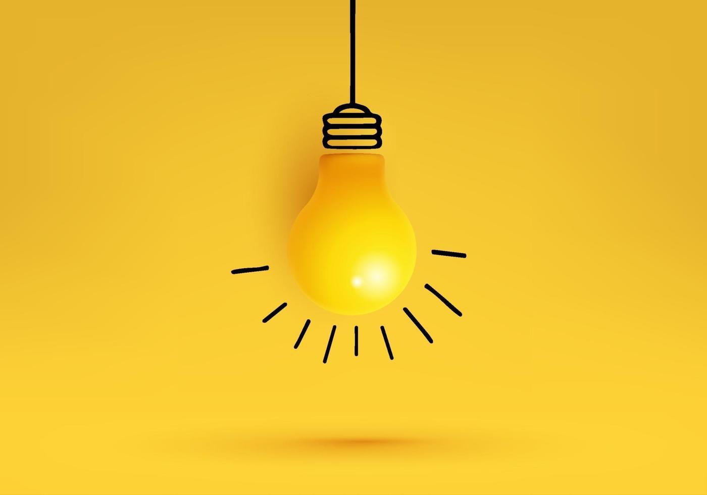 ideia criativa, inspiração, nova ideia e vetor de conceito de inovação com lâmpada em fundo amarelo.