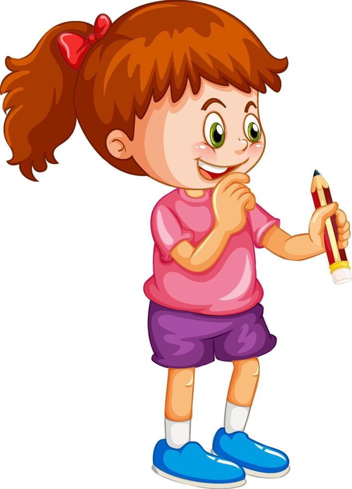 personagem de desenho animado de garota feliz segurando um lápis vetor