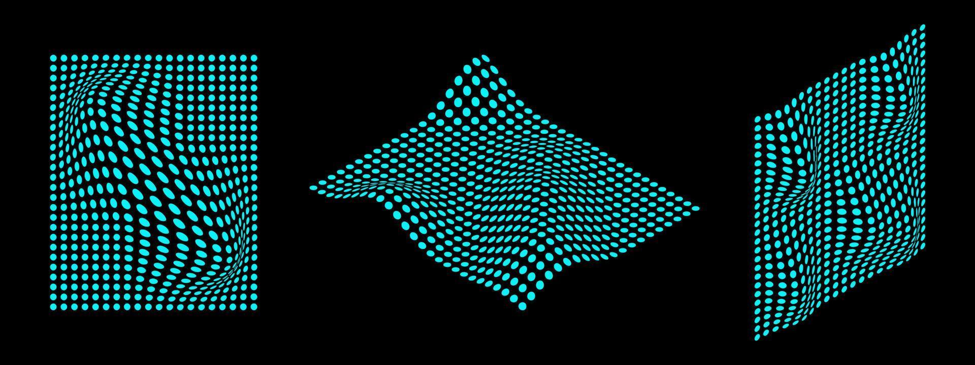 abstrato néon cyber distorções e convexo warps. futurista digital pontilhado formas. vetor ilustração do perspectiva objetos.