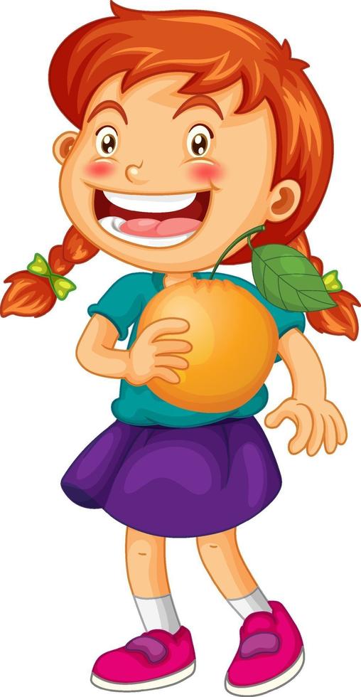personagem de desenho animado de garota feliz segurando uma laranja vetor