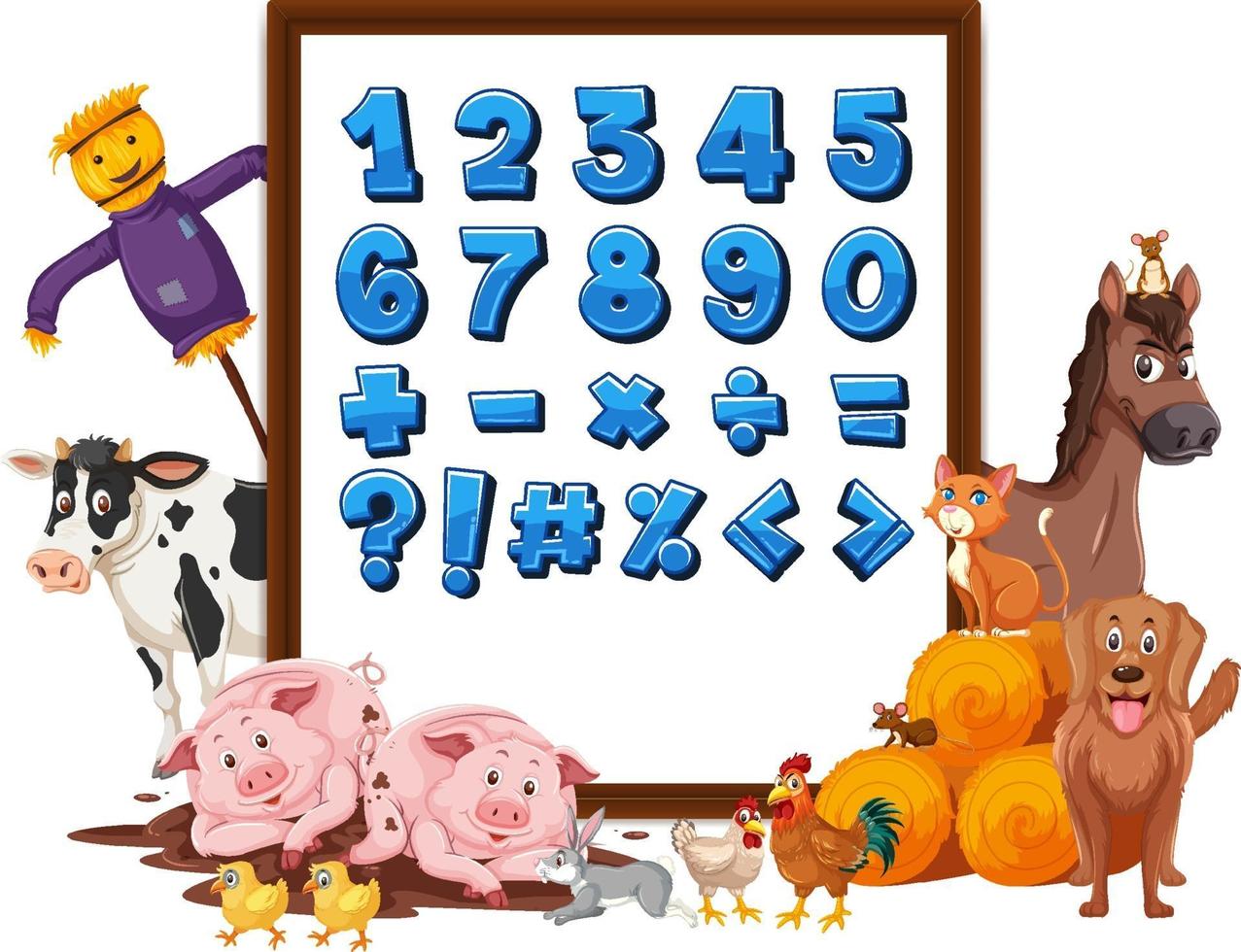 número 0-9 e símbolos matemáticos a bordo com animais de fazenda vetor