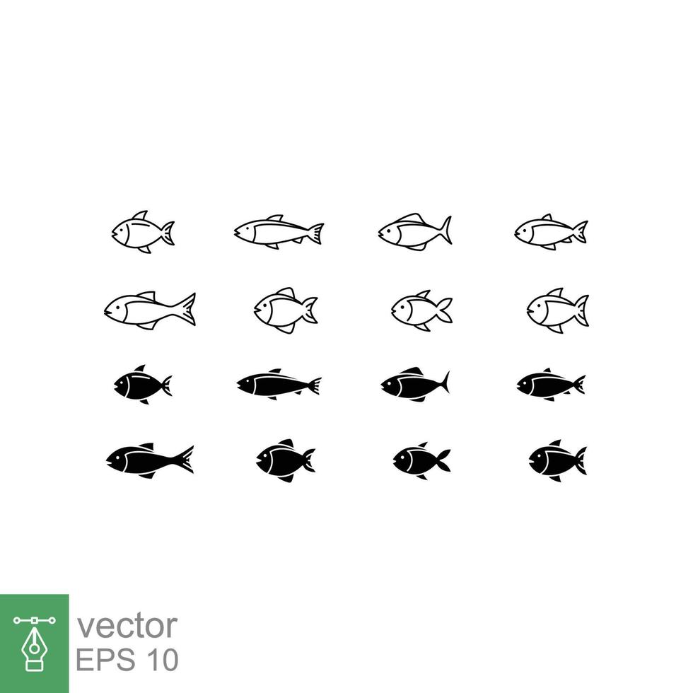 peixe linha e glifo ícone definir. simples esboço e sólido estilo. placa símbolo coleção. mar vida, Peixes conceito para modelo Projeto. vetor ilustração isolado em branco fundo. eps 10.