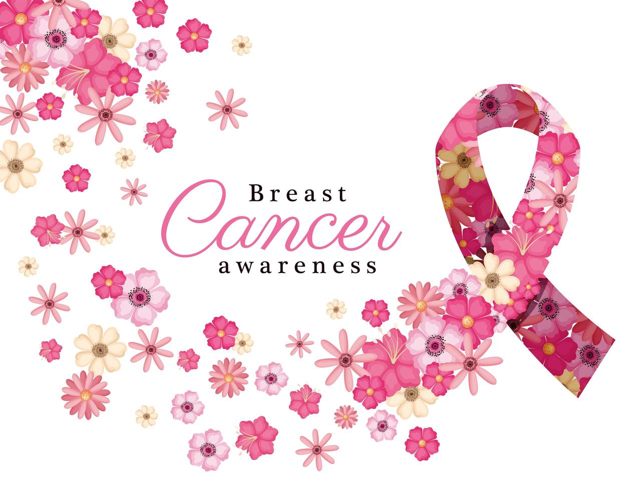 flores cor de rosa em fita para design de vetor de conscientização do câncer de mama