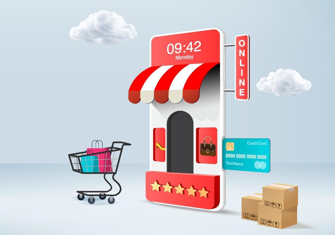 Renderização 3D de compras online no smartphone com cartão de crédito e carrinho de compras vetor