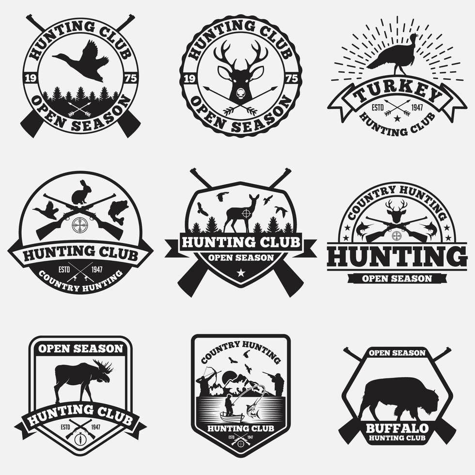 conjunto de emblemas e etiquetas de logotipos de caça vetor