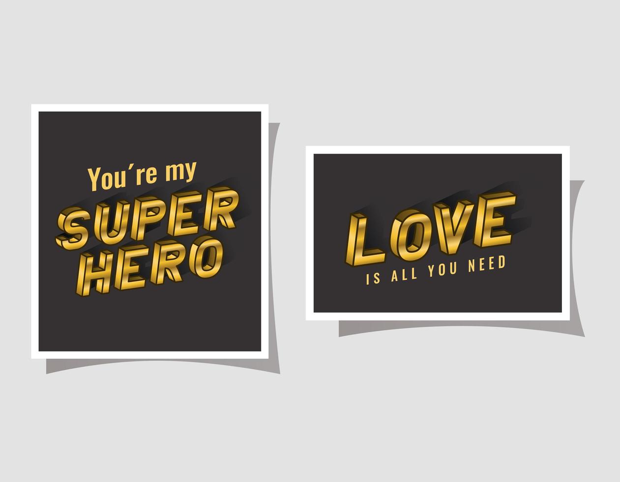 Super-herói 3D e letras de amor em design de vetor de fundos cinza