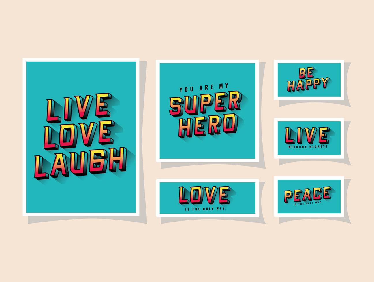 3D amor ao vivo, rir e ser feliz, letras em design de vetor de fundos azuis